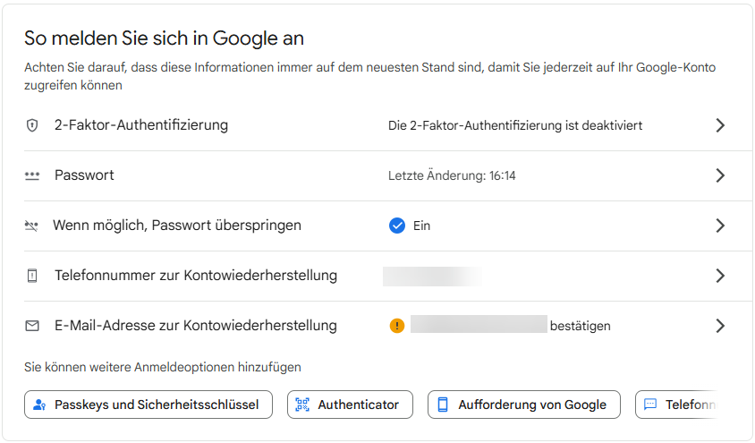 Sicherheitseinstellungen des Google-Kontos
