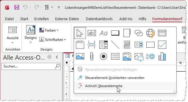Auswahl der ActiveX-Steuerelemente