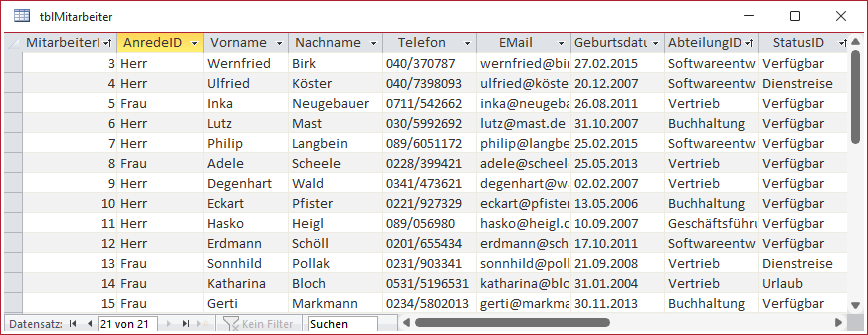 Daten der Tabelle tblMitarbeiter