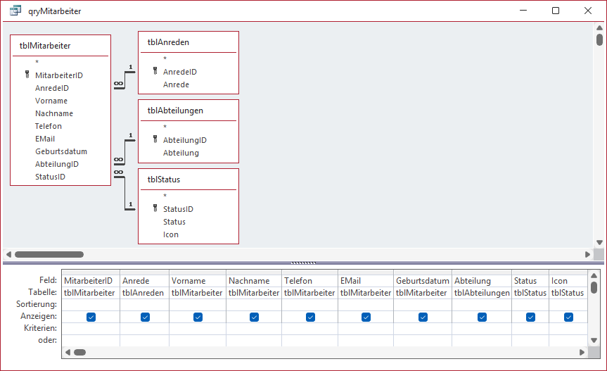 Entwurf der Abfrage mit allen Daten zu den Mitarbeitern