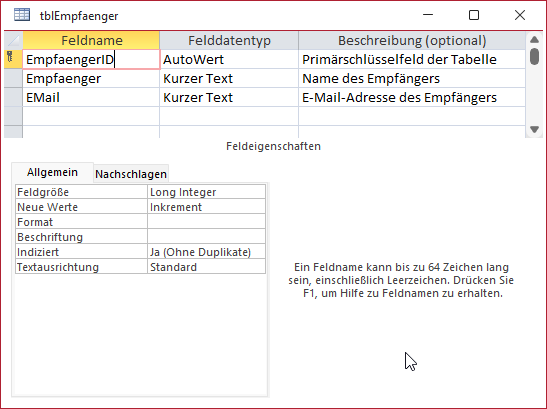 Die Tabelle tblEmpfaenger