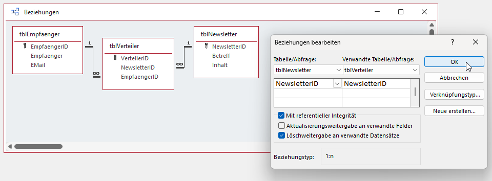 Beziehungen zum Herstellen der m:n-Beziehung