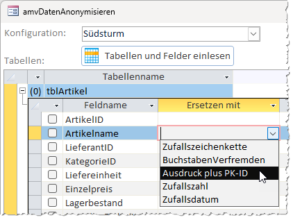 Auswahl einer der Anonymisierungsarten