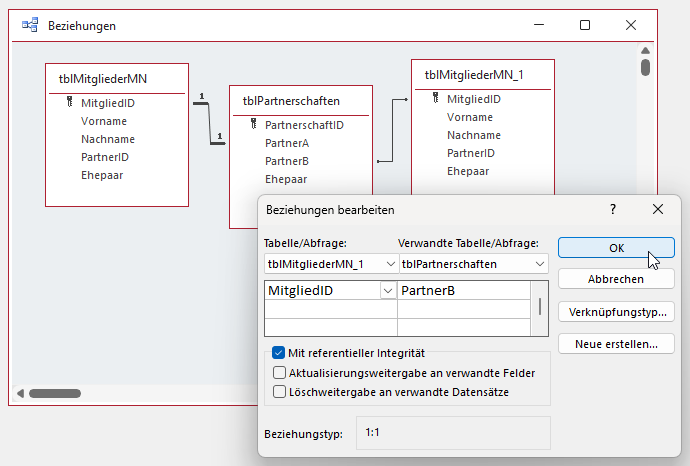 Beziehungen für die Verwaltung von Partnerschaften per m:n-Beziehung