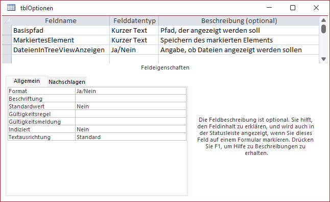Entwurf der Optionen-Tabelle