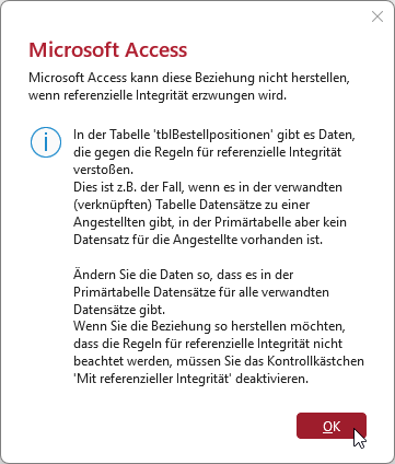 Fehlermeldung beim Versuch, referenzielle Integrität zu definieren