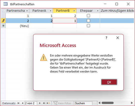 Meldung beim Eingeben ungültiger Daten